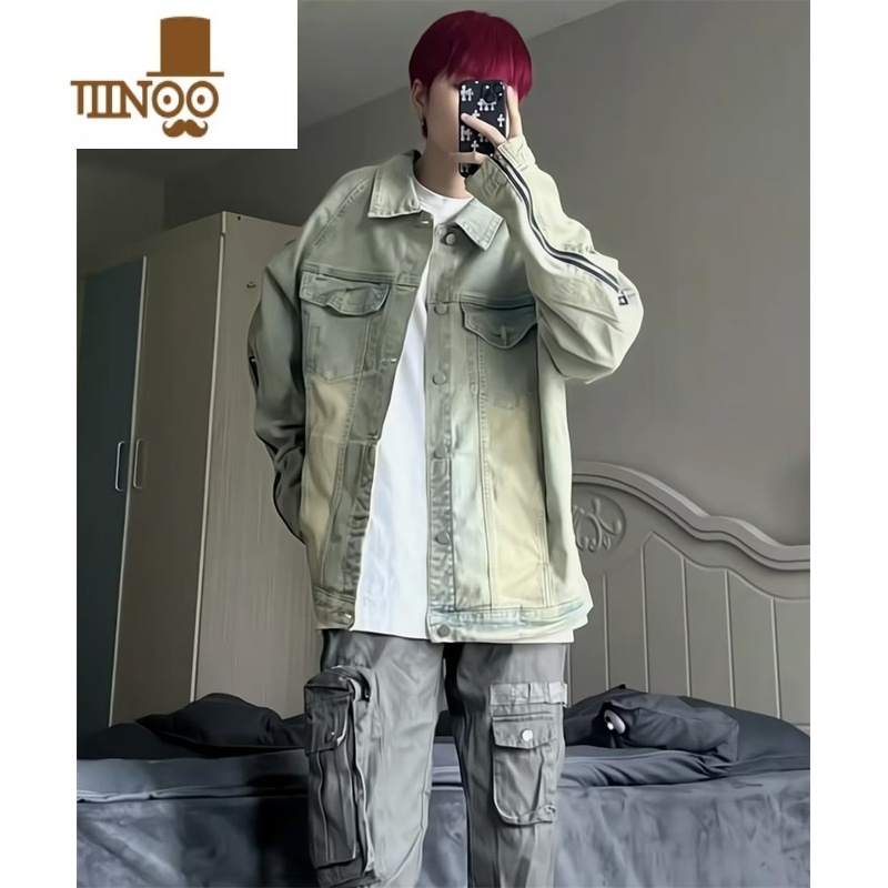 YANXU美式复古Vibe黄泥水洗做旧翻领牛仔夹克男潮牌高街情侣拉链外套X高清大图