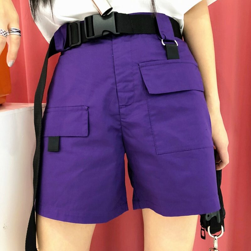 原宿bf港风嘻哈裤子紫色松紧腰工装裤口袋短裤女卡其色工装短裤