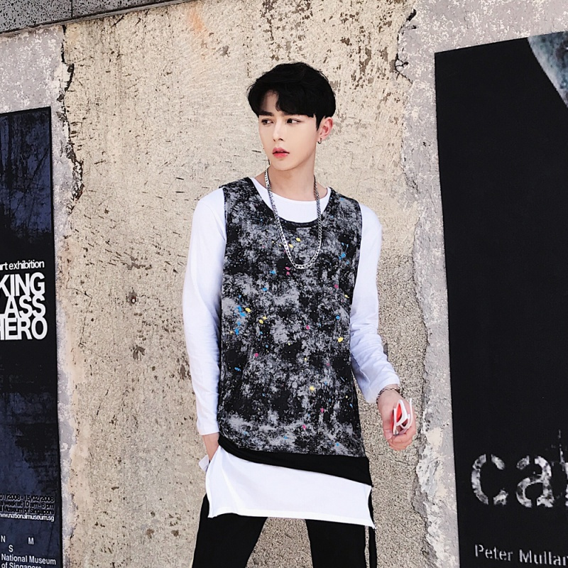 夜店酒吧演出服个性彩色泼漆下摆拼接背心t恤潮男帅气街头个性