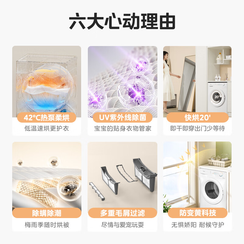 美的(Midea)全自动热泵烘干机10公斤家用大容量干衣机除螨除潮 毛屑过滤紫外线除菌 11F白色 MH100V11F高清大图