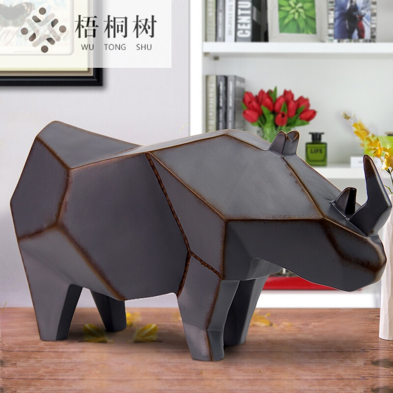 客厅摆件工艺品简约现代几何动物折纸摆设装饰品北欧创意软装饰品酒柜桌面橱窗家居饰品商务乔迁送礼折纸抽象犀牛亮光黄色重4斤长