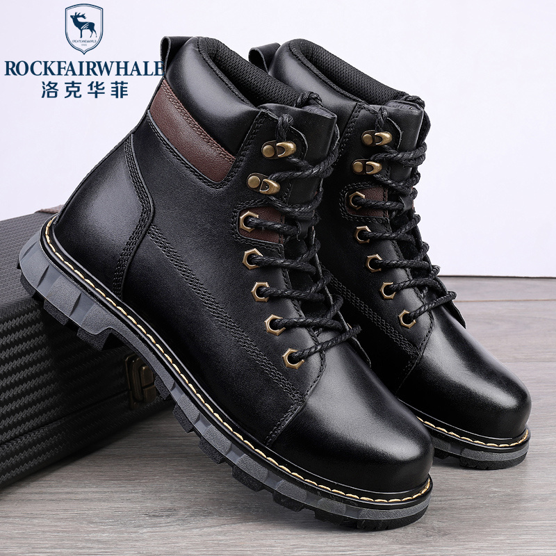 洛克华菲马丁靴男款新款男士高帮工装靴子英伦风中帮加绒黑色皮靴子