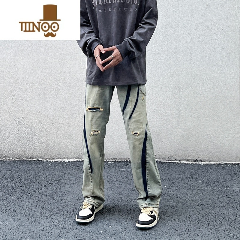 YANXU非潮勿近高街美式复古破洞牛仔裤男宽松直筒hiphop设计感宽潮宽高高清大图