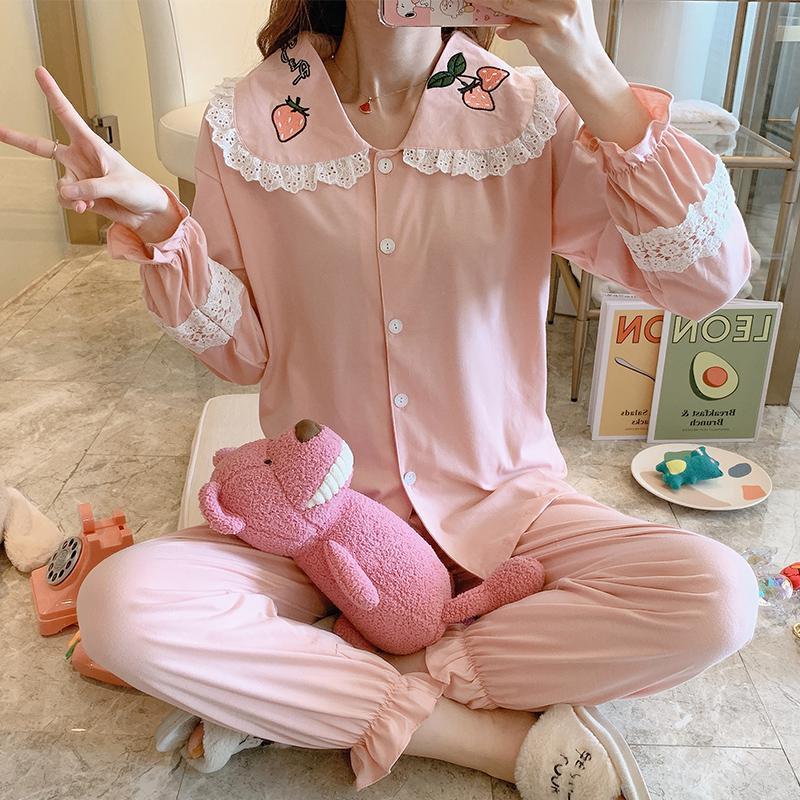 睡衣女士春秋季纯棉长袖可爱莓两件套装全棉冬天薄款韩版家居服