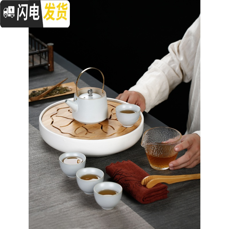 三维工匠旅行功夫茶具套装户外便携式快客杯一壶四杯家用茶盘茶壶茶杯日式 复古黑色提梁壶+玻璃茶海+黑色M四方茶盘 9件