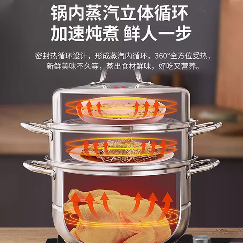 康巴赫不锈钢三层蒸锅家用复底大蒸锅蒸笼可视锅盖28cm电磁炉通用加厚不锈钢高盖蒸锅 KZS-28B31高清大图