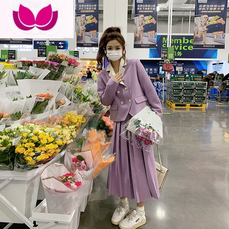 七斓西装配半身裙套女春季2023新款韩版洋气设计感西服百褶裙套装