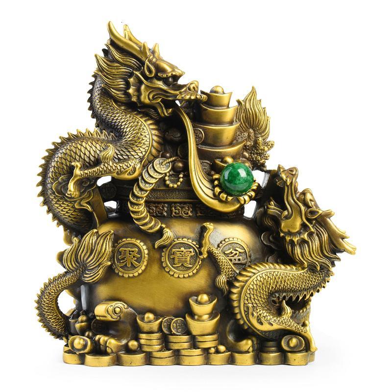 龙摆件纯铜 铜龙聚宝盆大号双龙献宝家居风水_龙摆件