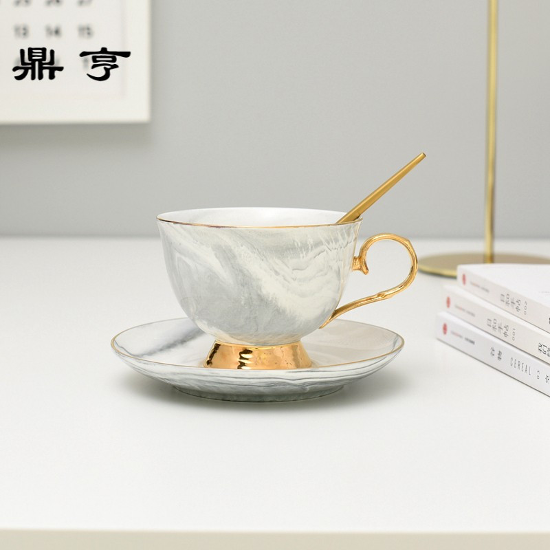 鼎亨北欧风简约大理石纹金边陶瓷咖啡杯碟英式创意下午茶花茶杯红