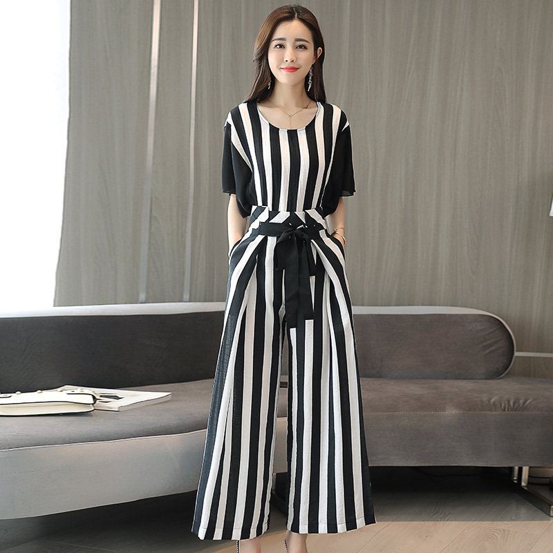 显瘦修身气质条纹两件套装女韩版甜美时尚百搭休闲女士年新品夏款