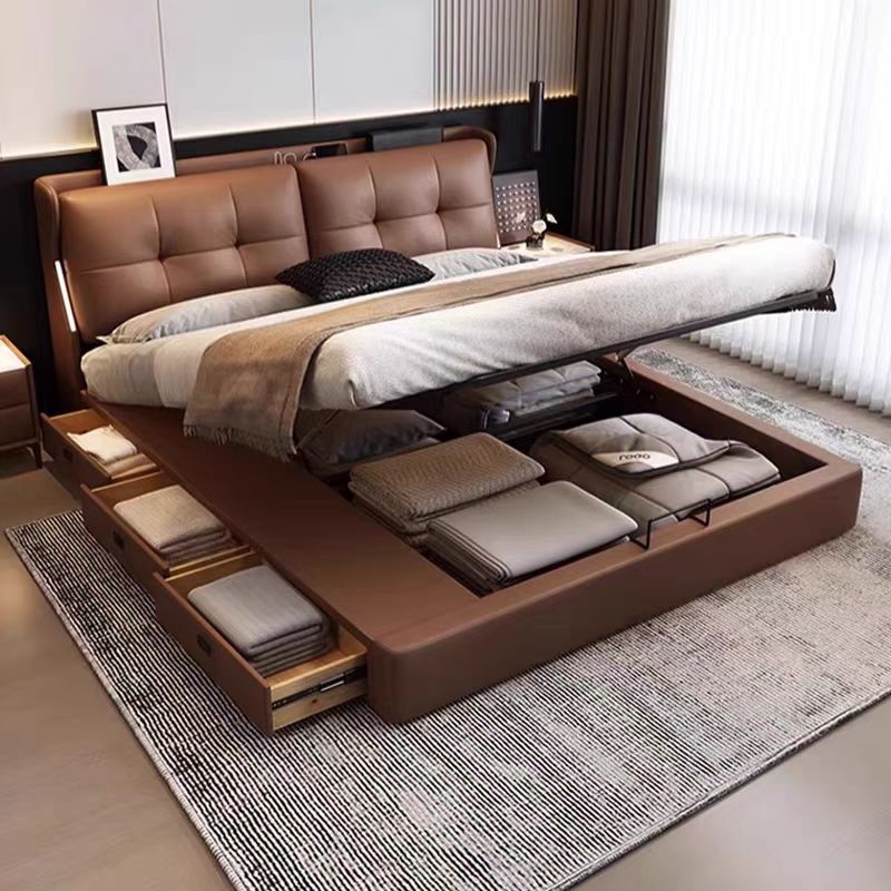 现代简约真皮床高箱抽屉大床储物奶油带灯多功能主卧双人床小户型婚床高清大图
