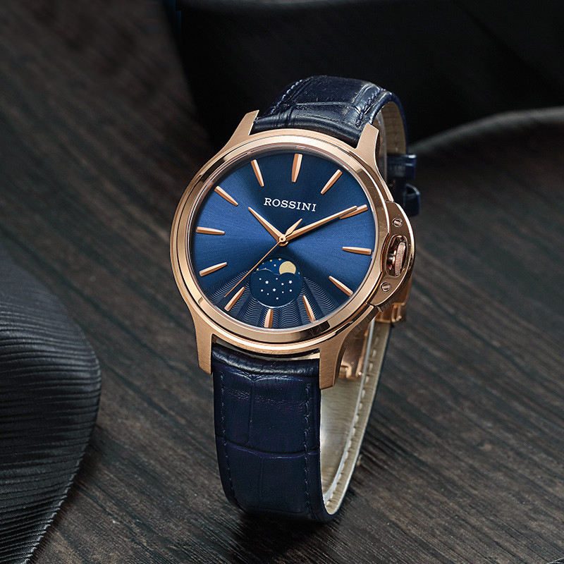 罗西尼rossini男表石英表男士手表时尚月相功能30米生活防水皮革表带