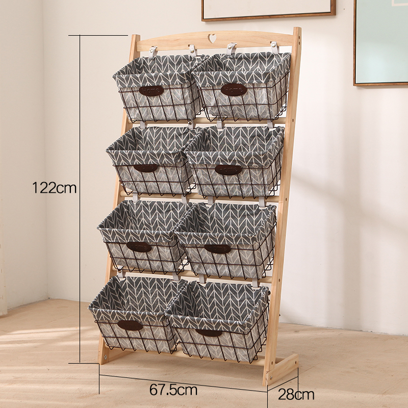 森美人客厅置物架实木玩具收纳架创意书报架落地多层书架铁艺储物架家用 四层-双排-灰树筐