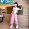 绿彩虹光女童短袖套装2023夏款网红儿童短款上衣两件套夏装女大童炸街潮服