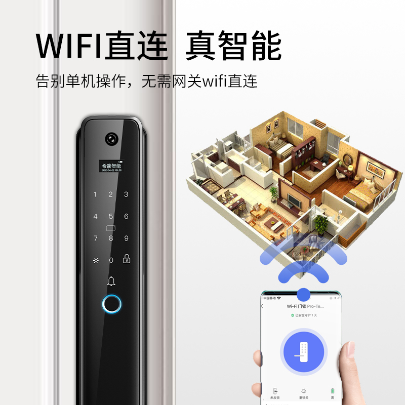 希箭 指纹锁密码锁电子锁全自动刷卡锁带猫眼视频家用防盗门酒店门锁K6E