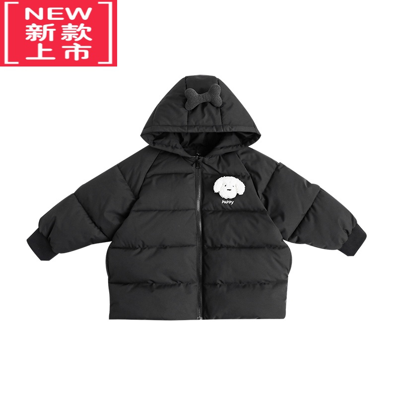 可莉允男童后背狗狗贴布绣花连帽棉衣冬季儿童胸前玩偶棉服加厚外套