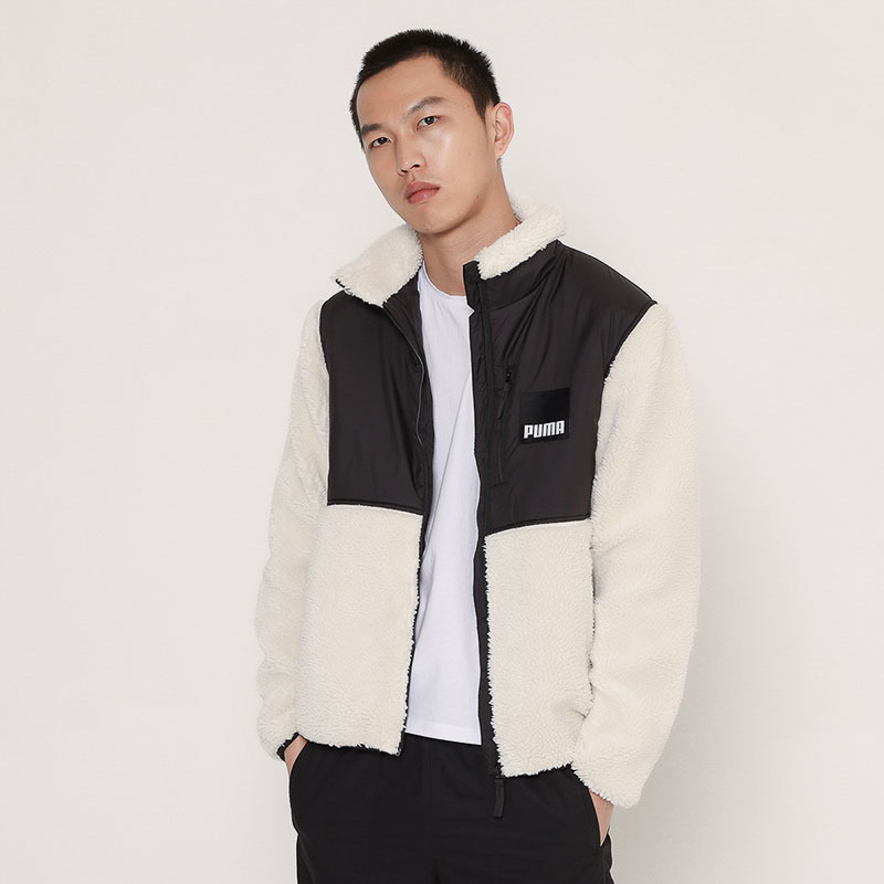 Puma 撞色运动羊羔绒立领Logo夹克外套 男款 象牙白 846325-73