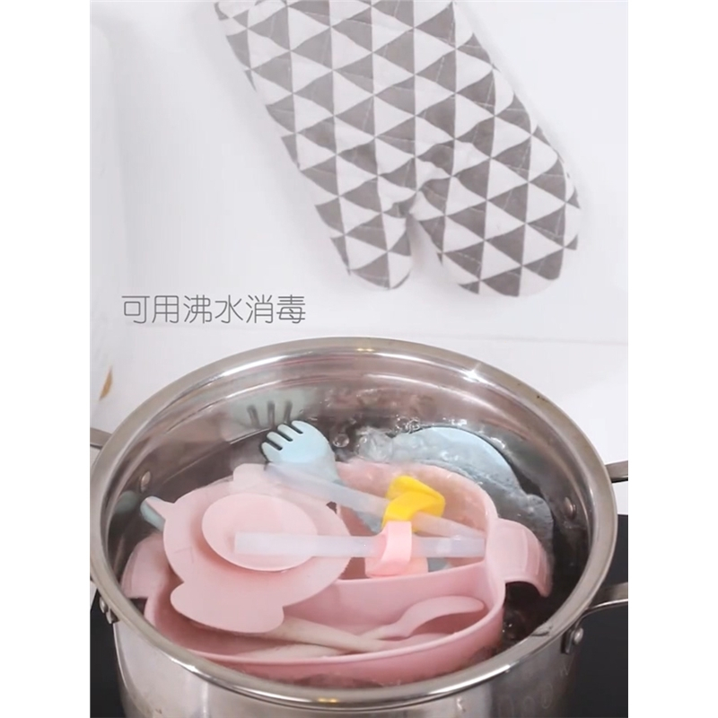 运智贝 儿童餐盘男孩女孩宝宝幼儿婴儿分格分隔吸盘套装勺子三格辅食碗_蓝色-餐盘4件套