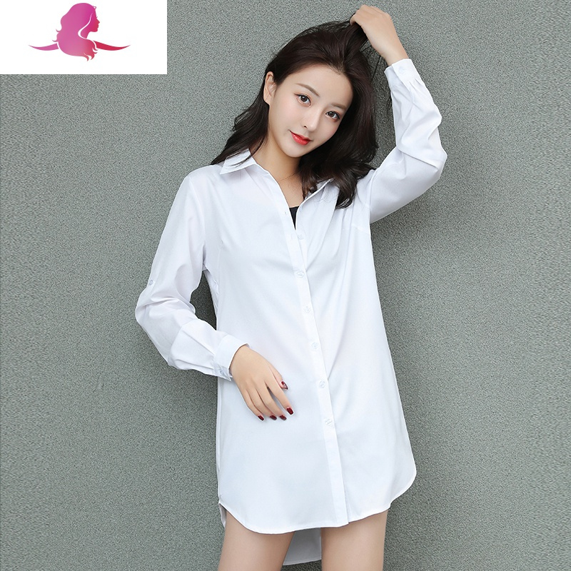 艳如飞中长款衬衫女长袖学生韩版宽松大码百搭白衬衫春夏季新款打底衫