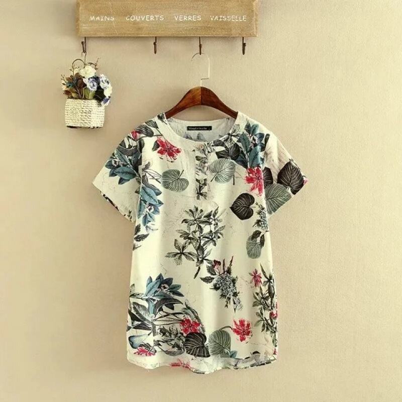 加肥大码夏季中老年女装胖妈妈宽松棉麻短袖T恤印花衬衫上衣200斤