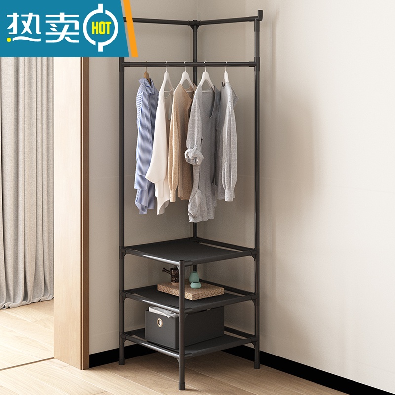 敬平墙角简易衣帽架晾衣架落地卧室内床头置物转角挂收纳隔夜衣服架子 2层黑高清大图