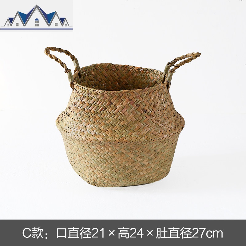 KENS蒲手工折叠复古收纳篮手提篮桌面收纳筐装饰篮花盆储物_2_43 中间直径27cm