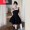 YIBUSHENG赫本气质法式小黑裙方领吊带裙双口袋连衣裙收腰蓬蓬裙度假短裙