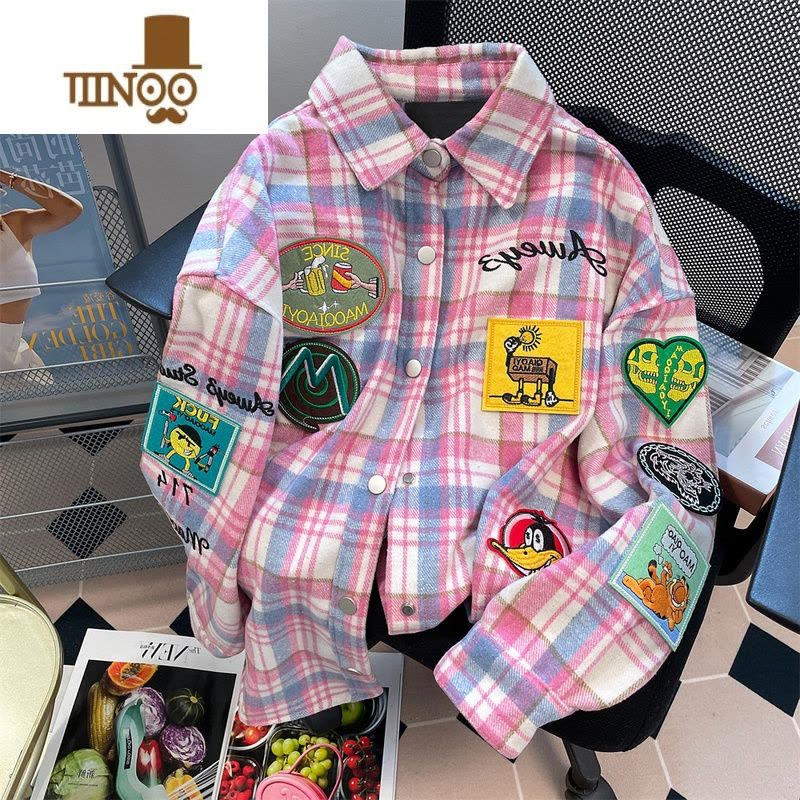 YANXU日系cityboy贴布刺绣格子长袖衬衫男女复古学院风磨毛呢上衣外套图片