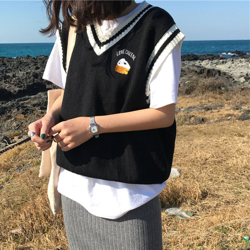 春夏女装韩版宽松撞色条纹V领刺绣针织衫毛衣无袖马甲背心上衣潮黑色均码