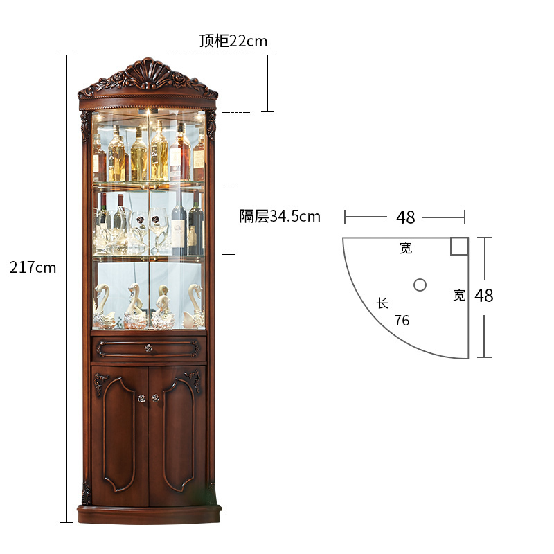 森美人欧式角柜 实木墙角柜拐角柜转角酒柜置物架客厅边柜 三角柜子 深色【贵族皇冠款】复古带玻璃门升级版新款现货组装