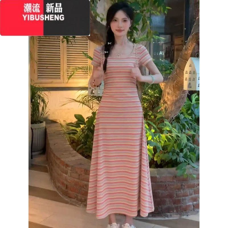 YIBUSHENG法式方领彩虹条纹短袖连衣裙女季新款多巴胺穿搭设计感收腰长裙图片