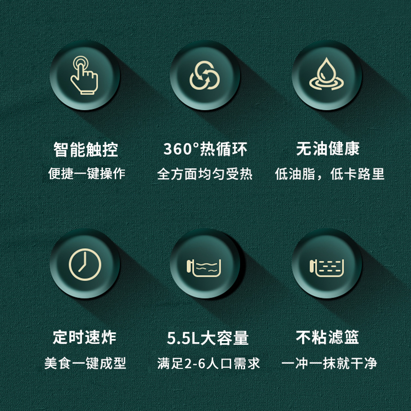 奥克斯空气炸锅2022新款家用多功能空气电炸锅5.5L可视电子触屏款高清大图