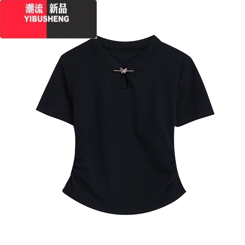 YIBUSHENG新中式中国风短袖t恤女2024季黑色小个子古风修身盘扣短款上N高清大图