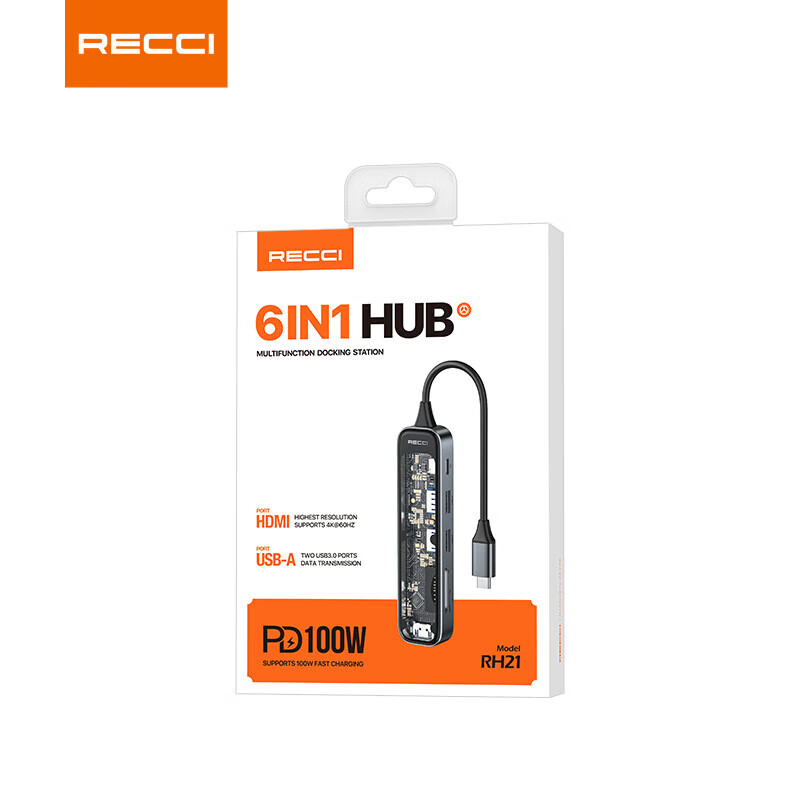 锐思RH21六合一HUB数据线转接口Type-C TO HDMI+ USB-A+USB-C+1xSD+ 1xTF高清大图