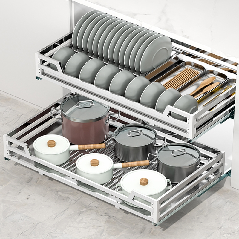 拉篮厨房橱柜双层抽屉式古达碗篮碗架厨柜碗碟调味拉蓝