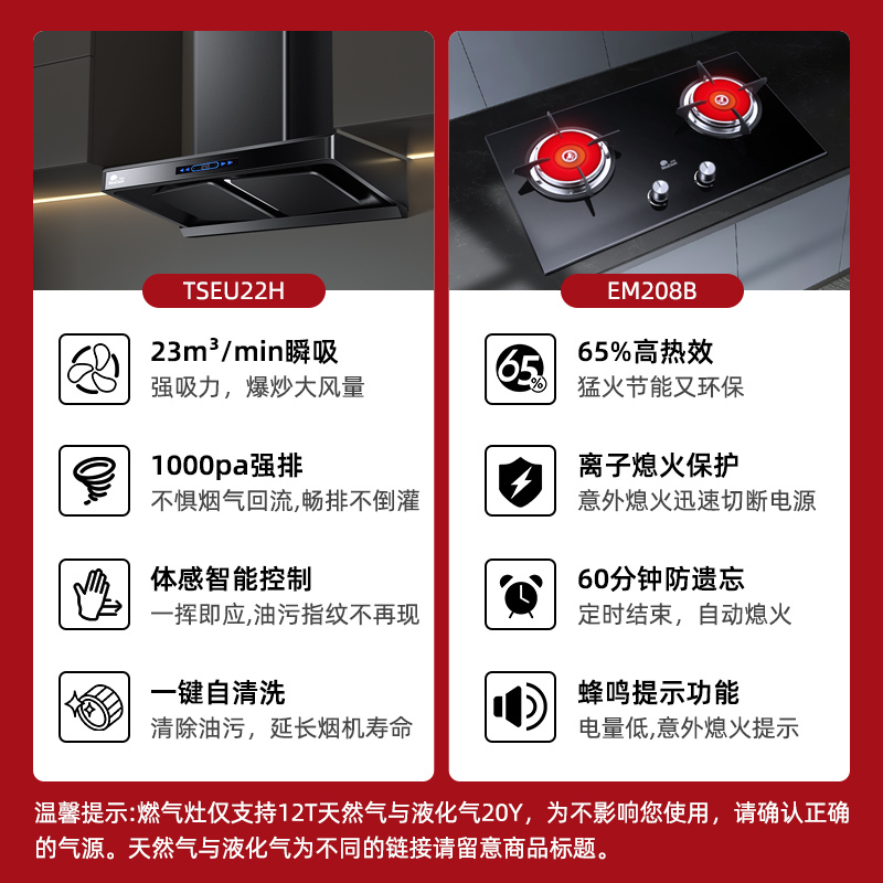 红日(RedSun)烟灶套餐家用欧式23立方瞬吸1000pa强排烟机挥手感应油烟机变频双腔烟机套装22H+TEM208B