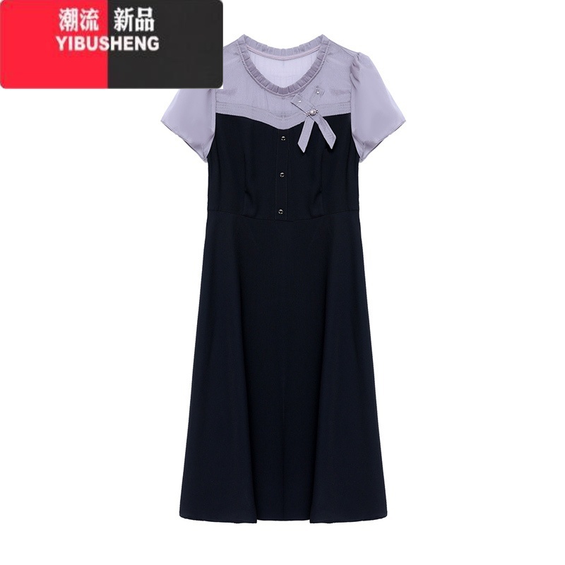YIBUSHENG2024季新品妈妈装时尚拼接雪纺连衣裙中年女装气质显瘦裙子遮肉高清大图