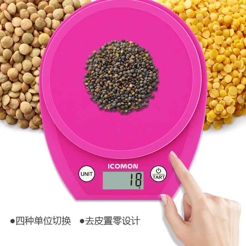 沃莱(ICOMON) 电子厨房秤KP601 (粉红) 精准家用塑料面板 厨房秤 烘焙秤 蛋糕秤 食物秤 健康秤 中药材秤