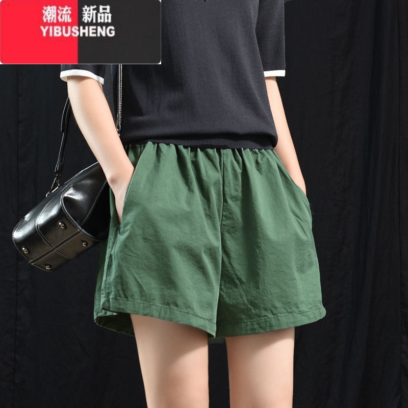 YIBUSHENG大码女装复古文艺季新款休闲松紧腰宽松薄款显瘦阔腿短裤腰高清大图
