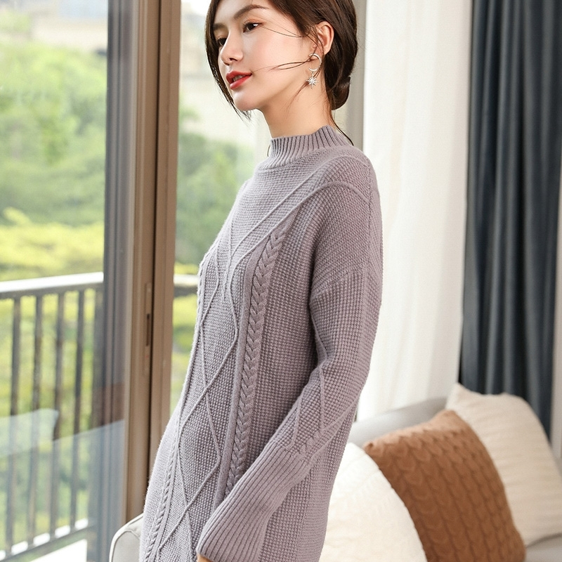 秋冬新款大码宽松保暖毛衣女针织打底衫100%羊绒衫中长款毛衣裙厚