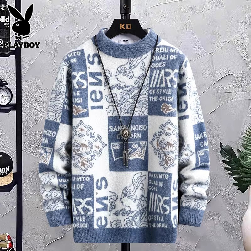 花花公子圆领毛衣男士秋冬季新款宽松衣服潮牌拼色休闲内搭针潮内高清大图