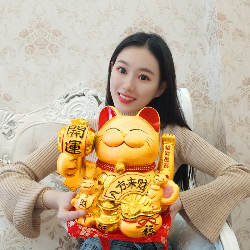 金色电动摇手猫摆件开业自动招手发财猫收银台店铺礼品 三维工匠 大号生意兴隆(金猫)-木垫猫高清大图