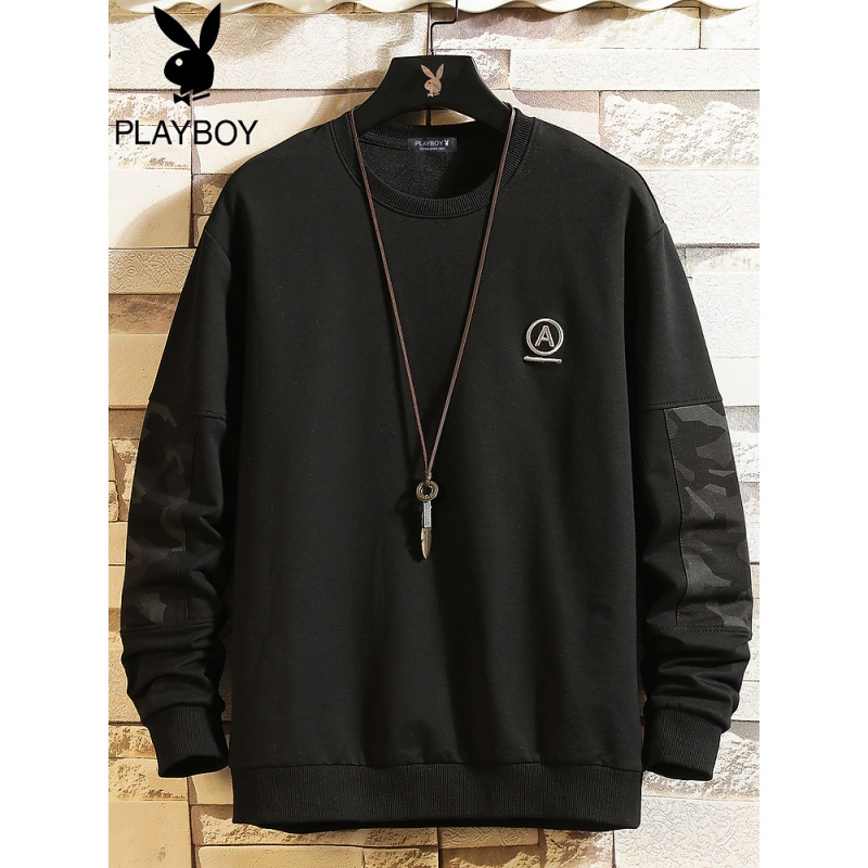 花花公子绣花纯色卫衣男春秋装字母百搭宽松青年潮牌男士圆领上衣