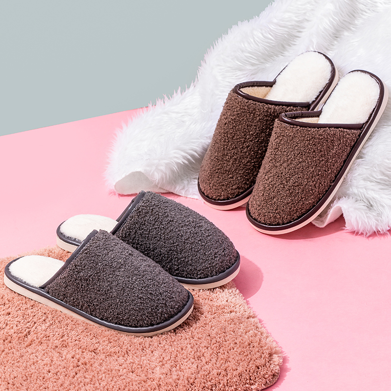 名创优品(miniso) 简约系列毛绒女士棉擦地拖鞋(棕色,43-44码)