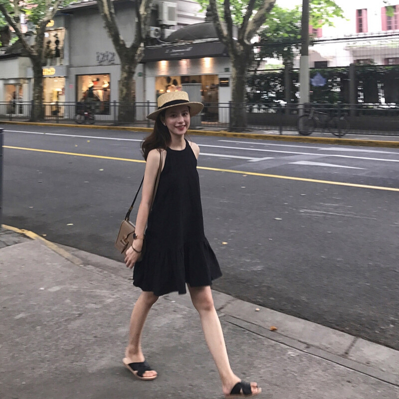夏装新款矮个子连衣裙女小黑裙显瘦打底裙带黑色无袖a字裙黑色