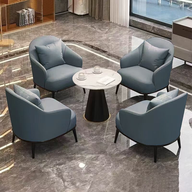 锦北洽谈桌椅轻奢酒店会所接待区沙发椅简约休闲洽谈沙发一桌三椅蓝色高清大图