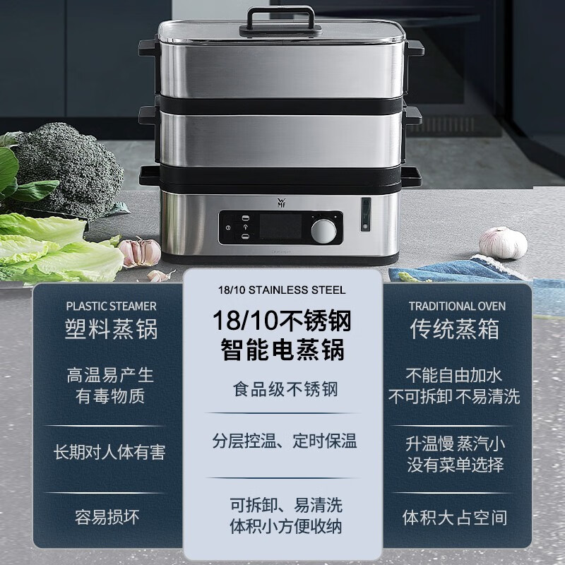 WMF福腾宝 不锈钢智巧双层电蒸炉 双层电蒸锅西式迷你电蒸锅小锅多用途锅 4.3L高清大图