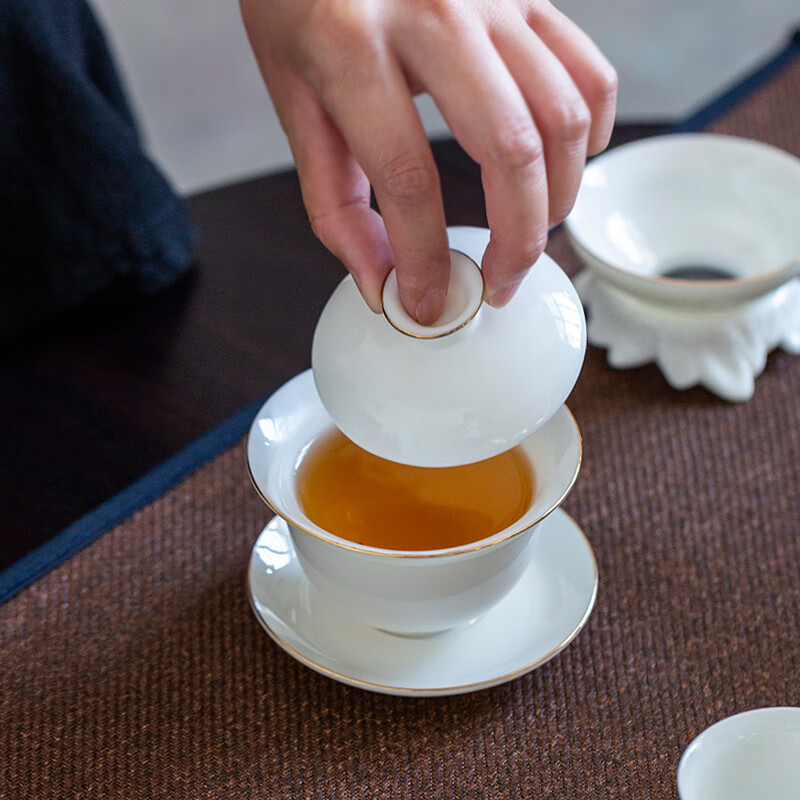 羊脂玉功夫茶具组合套装家用办公室会客茶杯盖碗 10头羊脂玉-描金A-623高清大图