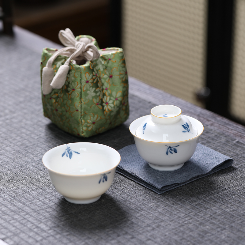 MULTIPOTENT 旅行功夫茶具套组中国白瓷手绘蝴蝶兰快客杯陶瓷便携旅行茶具高清大图