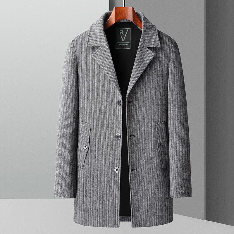 罗蒙春秋中年男士呢子大衣中长款风衣中老年爸爸装条纹毛呢外套